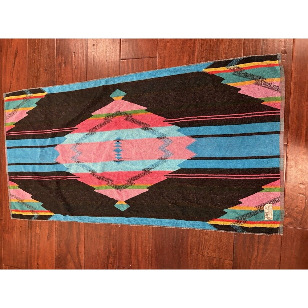 Royal Terry Vintage 1980s Beach Bath Towel Bright Teal Blue Retro Blk Rare Aztec
